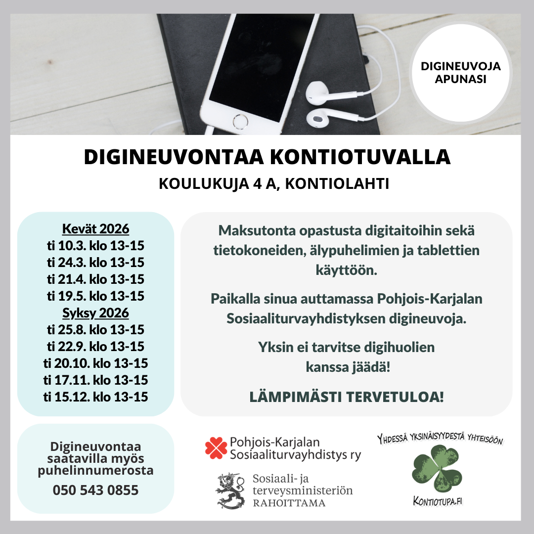 Kontiolahden digineuvonnan mainos, jossa aikataulut